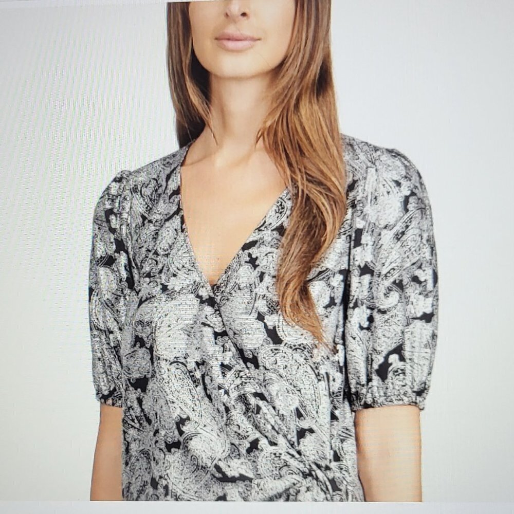 Michael Kors Women's Foil Paisley Wrap Top Black and Metallic NWT - Sz: M & L - Picture 2 of 11